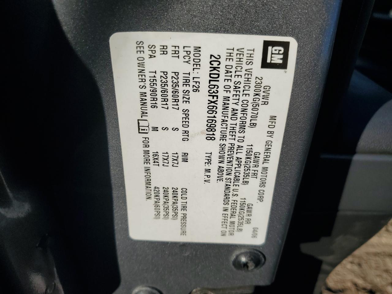 2006 Pontiac Torrent VIN: 2CKDL63FX66169818 Lot: 91650015