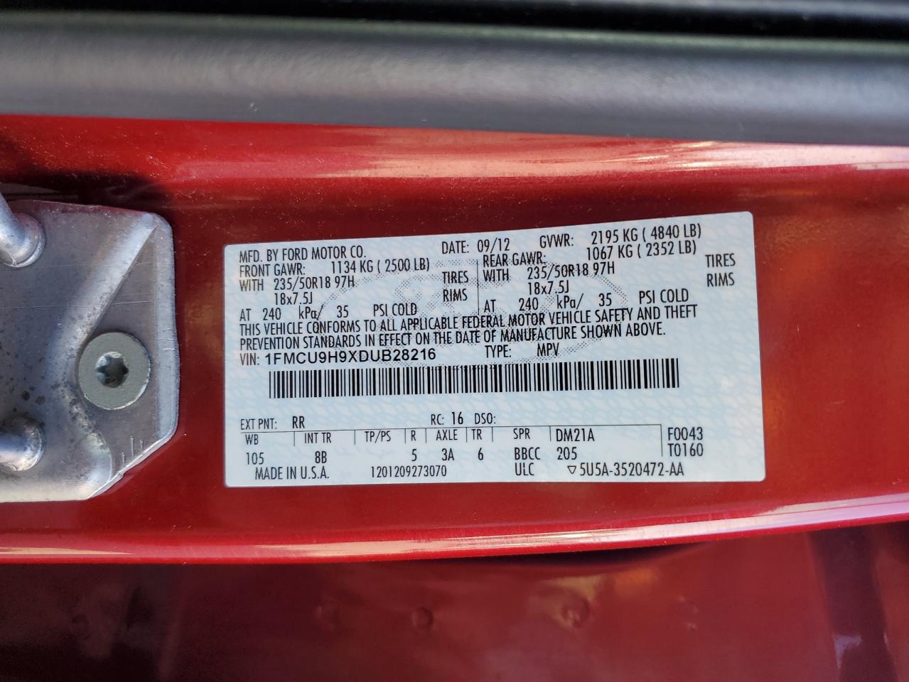 2013 Ford Escape Sel VIN: 1FMCU9H9XDUB28216 Lot: 91388595