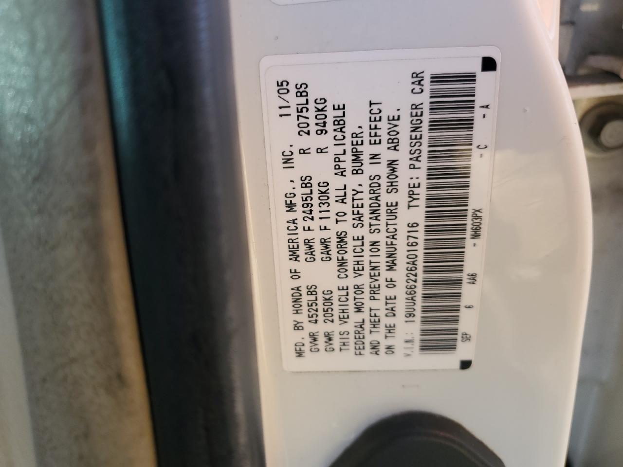 2006 Acura 3.2Tl VIN: 19UUA66226A016716 Lot: 92367845