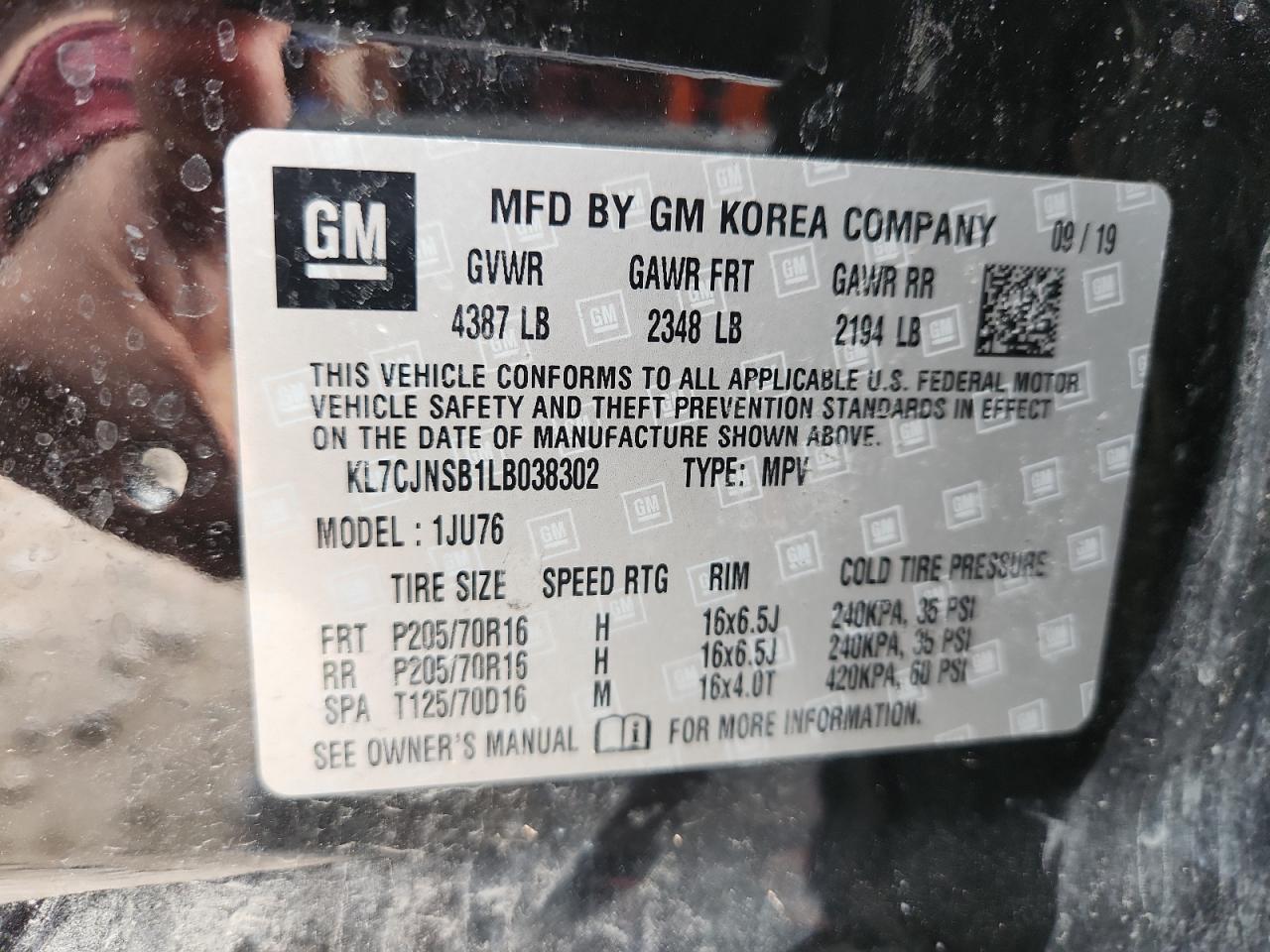 2020 Chevrolet Trax Ls VIN: KL7CJNSB1LB038302 Lot: 92665455