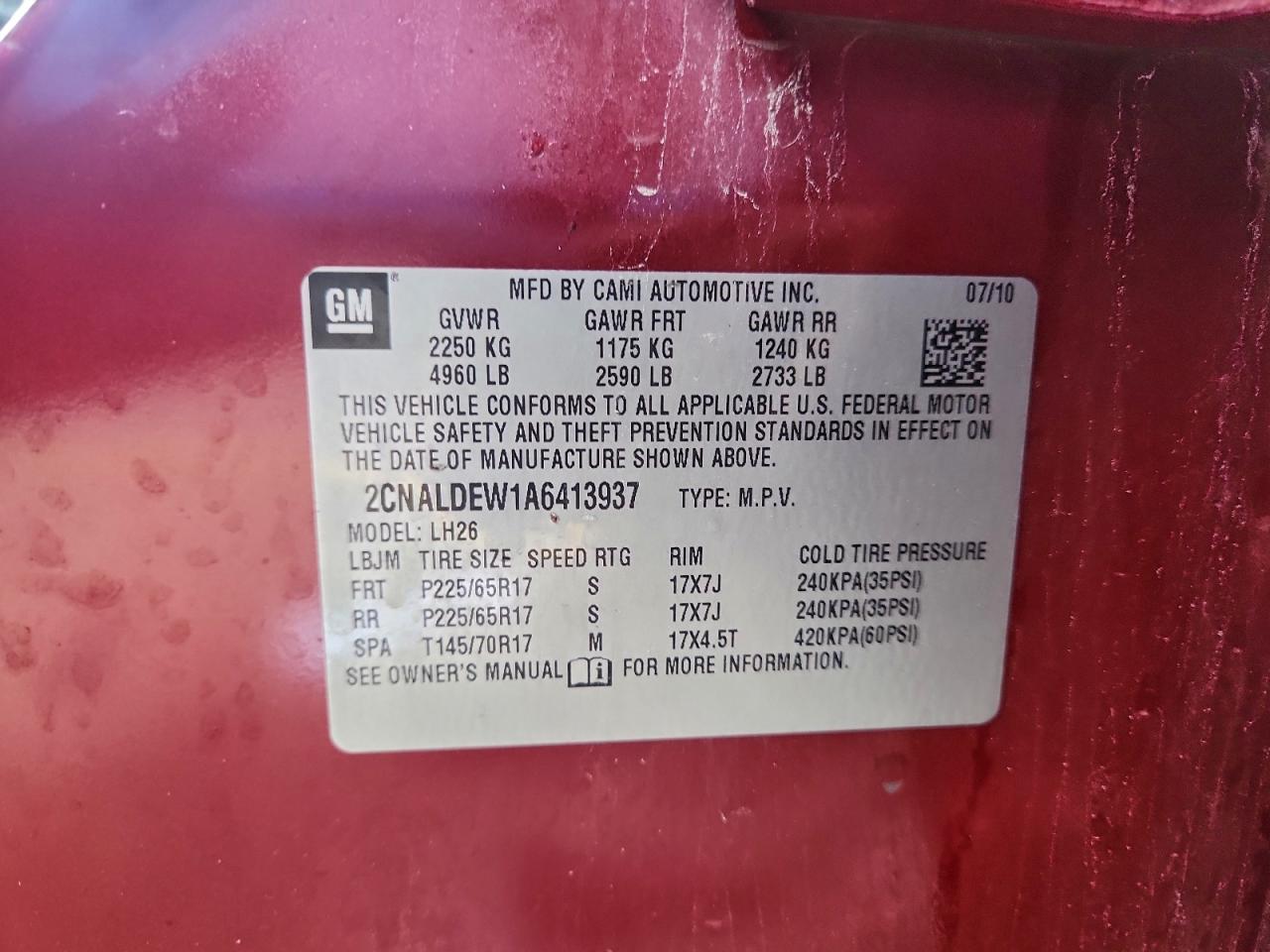 2010 Chevrolet Equinox Lt VIN: 2CNALDEW1A6413937 Lot: 93836955