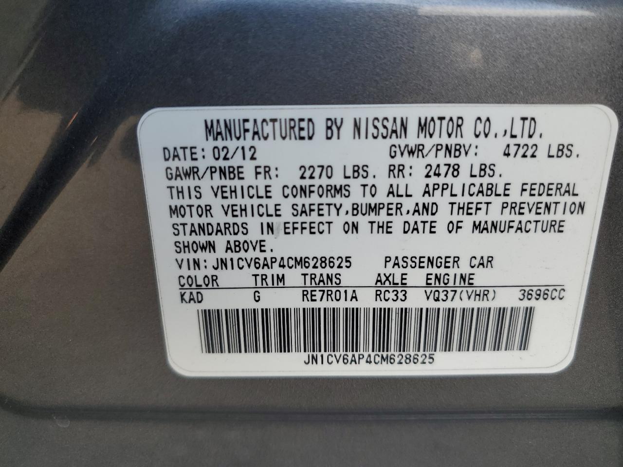 2012 Infiniti G37 Base VIN: JN1CV6AP4CM628625 Lot: 93762025