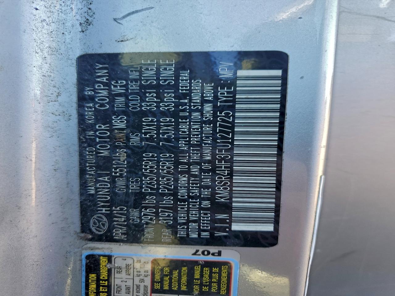 2015 Hyundai Santa Fe Gls VIN: KM8SR4HF3FU127725 Lot: 93993695