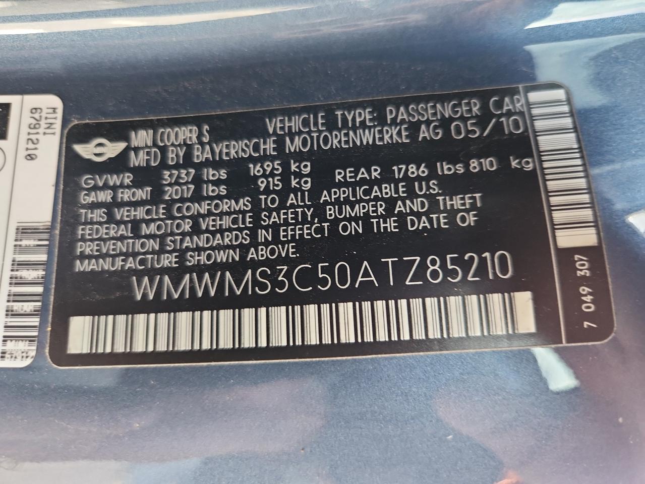 2010 Mini Cooper S VIN: WMWMS3C50ATZ85210 Lot: 91312235