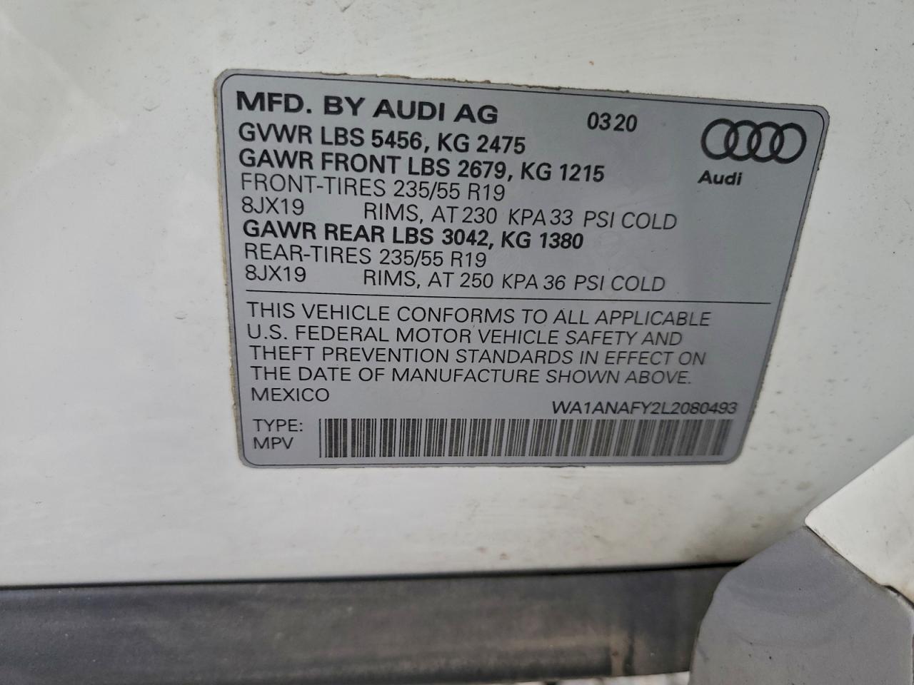 2020 Audi Q5 Premium VIN: WA1ANAFY2L2080493 Lot: 93948435