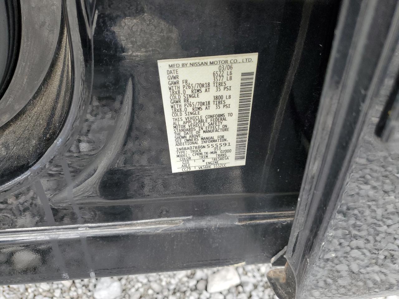 2006 Nissan Titan Xe VIN: 1N6BA07B86N555591 Lot: 92198445