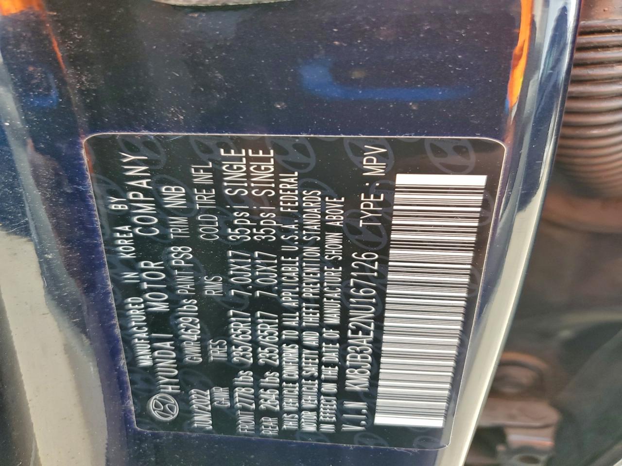 2022 Hyundai Tucson Sel VIN: KM8JB3AE2NU167126 Lot: 93725615