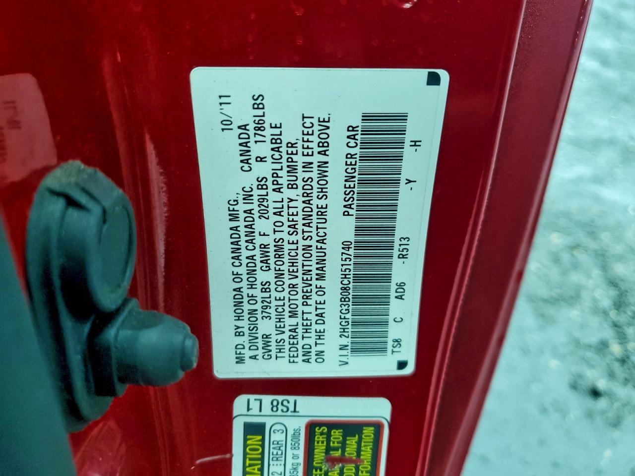 2012 Honda Civic Exl VIN: 2HGFG3B08CH515740 Lot: 94440535