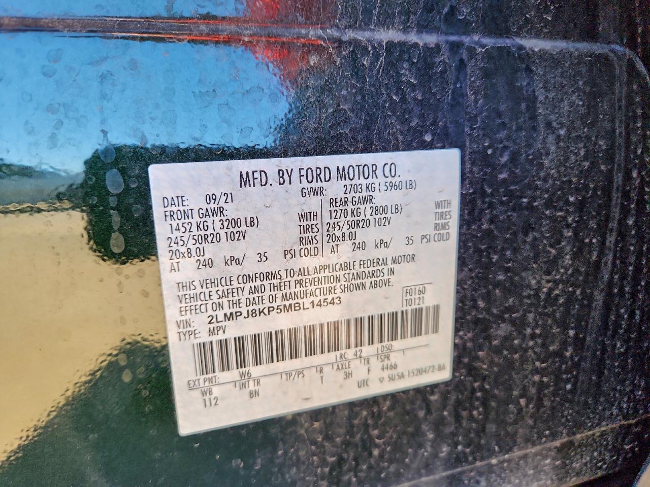 2021 Lincoln Nautilus Reserve VIN: 2LMPJ8KP5MBL14543 Lot: 94270035