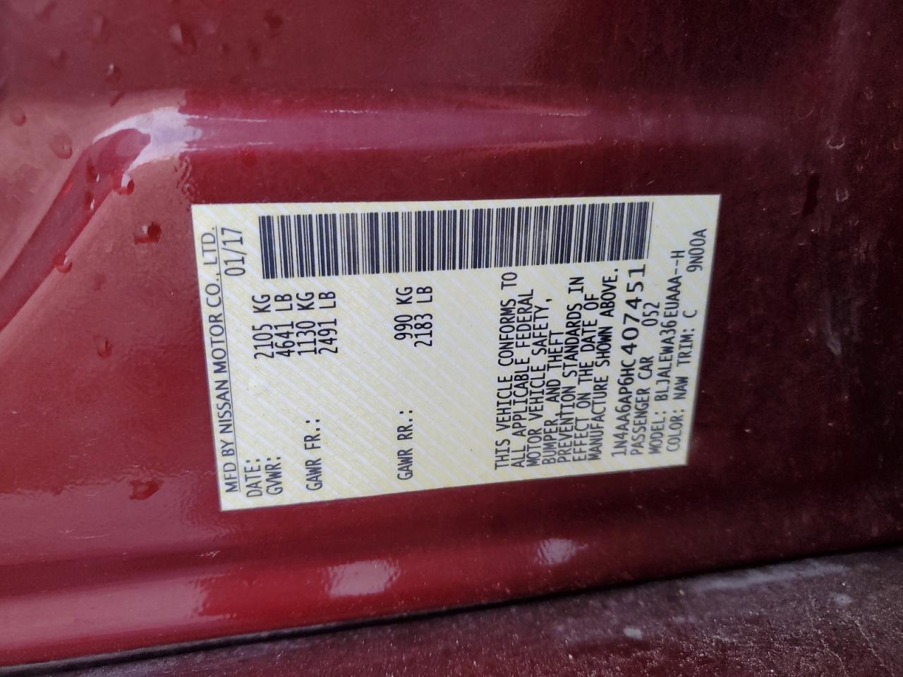 2017 Nissan Maxima 3.5S VIN: 1N4AA6AP6HC407451 Lot: 92797075