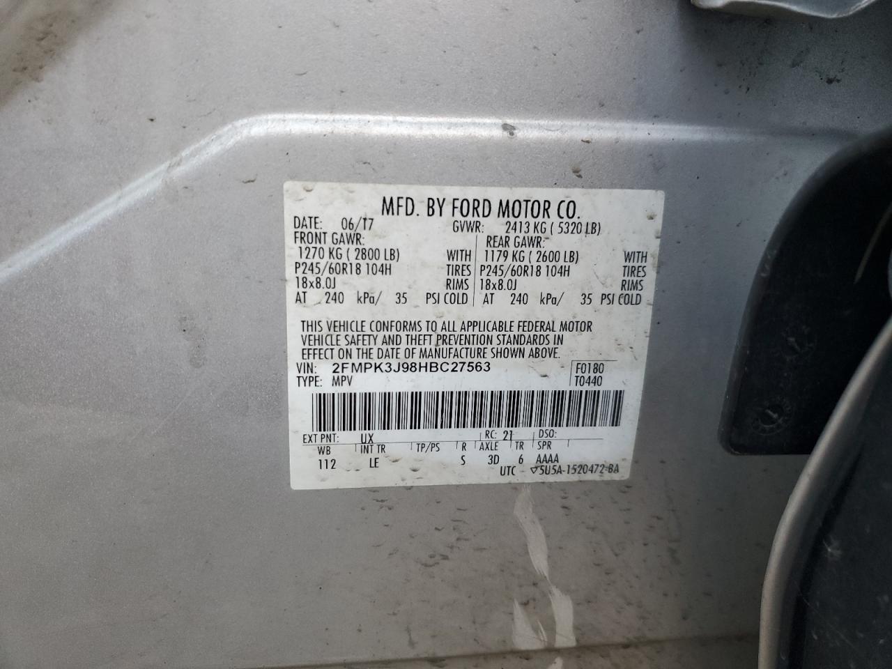 2017 Ford Edge Sel VIN: 2FMPK3J98HBC27563 Lot: 91528605