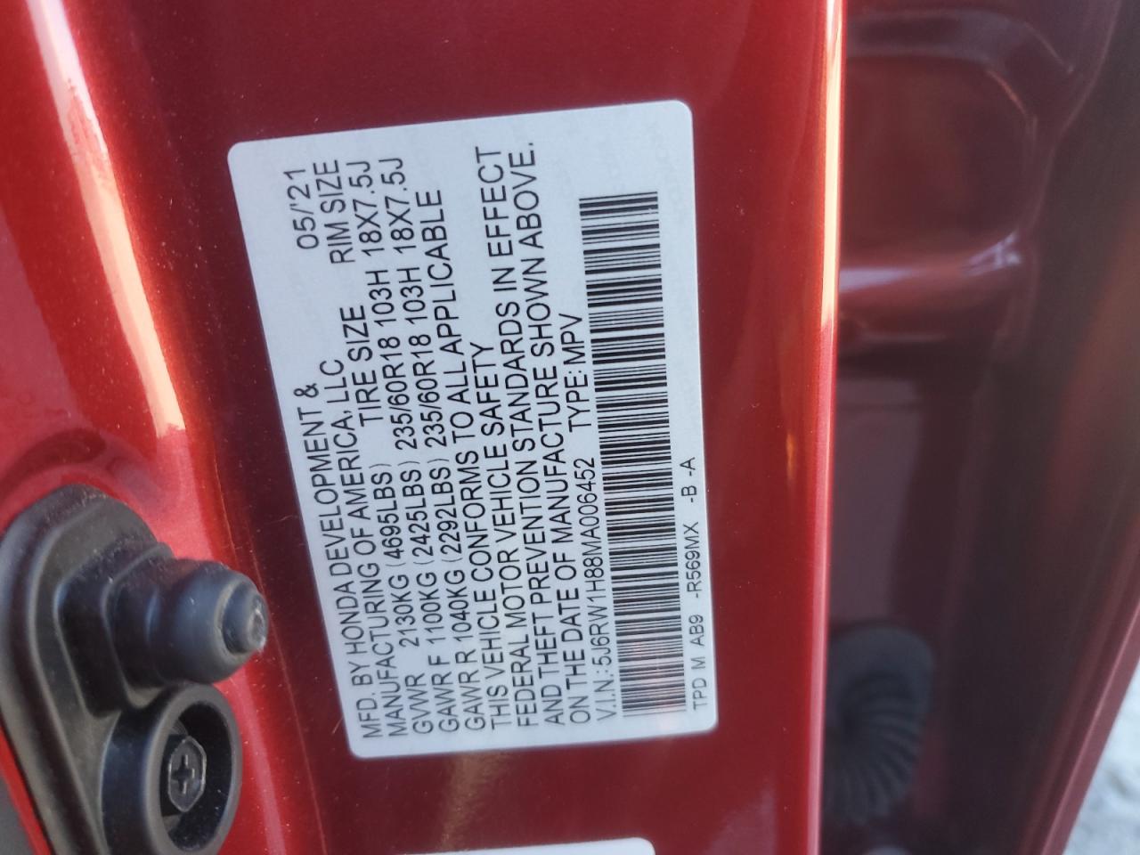 2021 Honda Cr-V Exl VIN: 5J6RW1H88MA006452 Lot: 92093455