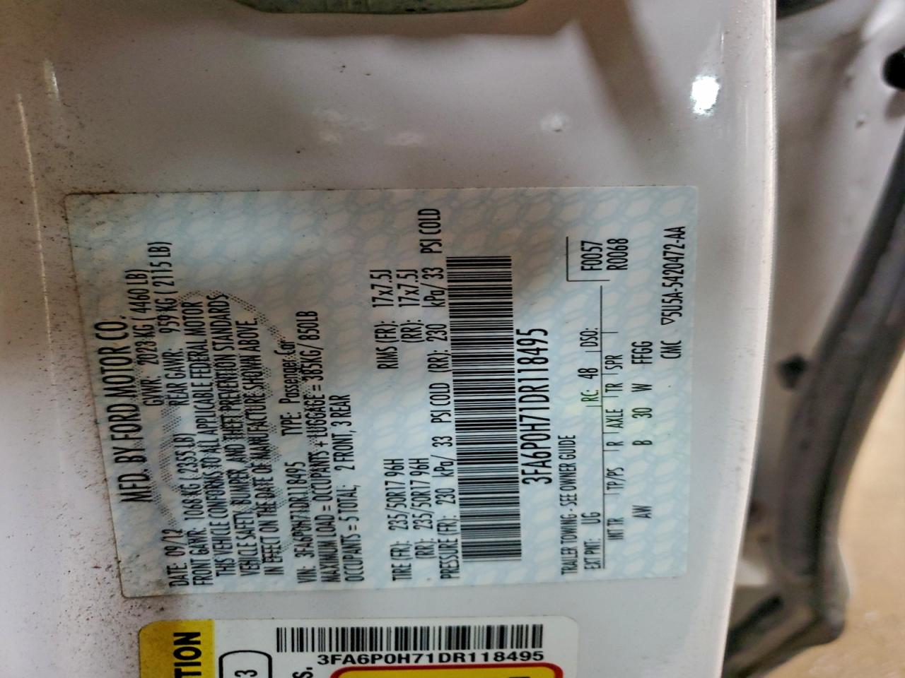 2013 Ford Fusion Se VIN: 3FA6P0H71DR118495 Lot: 94080565