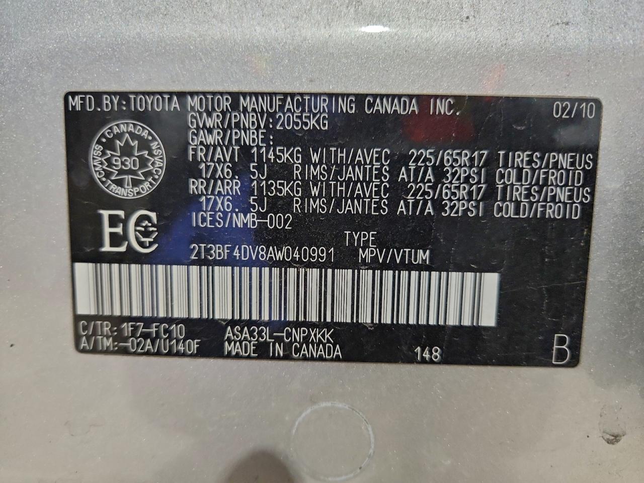 2010 Toyota Rav4 VIN: 2T3BF4DV8AW040991 Lot: 94056085