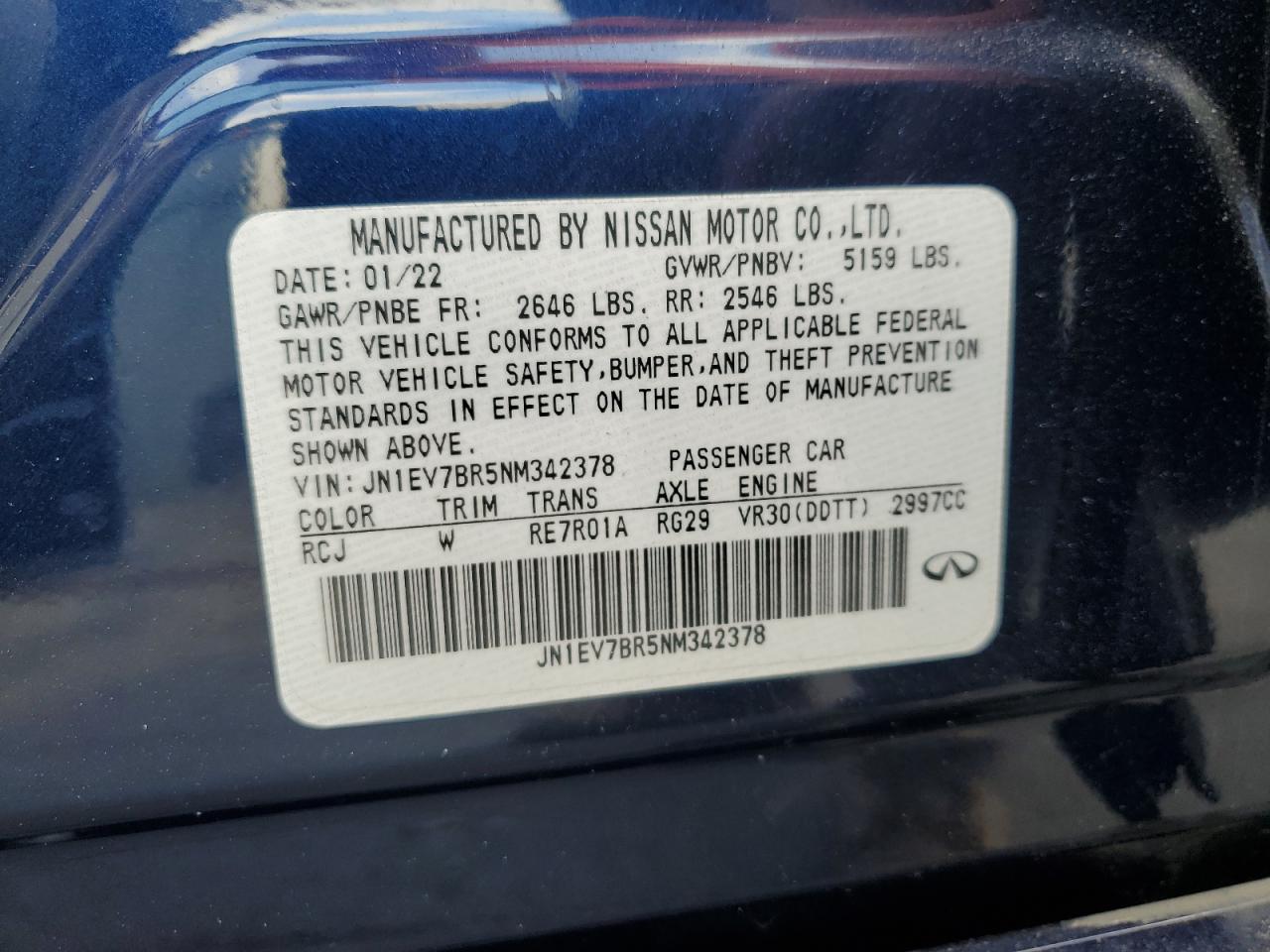 2022 Infiniti Q50 Luxe VIN: JN1EV7BR5NM342378 Lot: 91972205