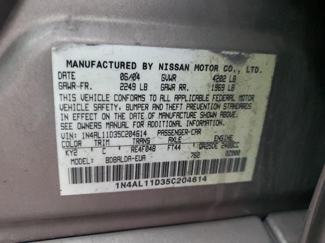 2005 Nissan Altima S VIN: 1N4AL11D35C204614 Lot: 93009975