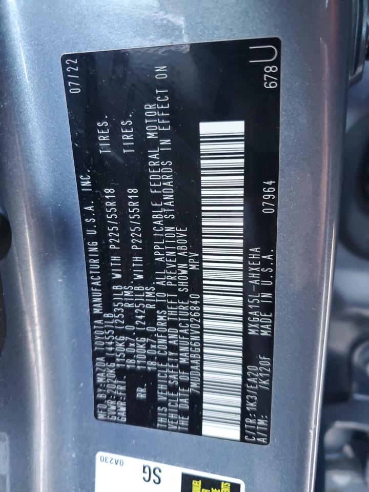 2022 Toyota Corolla Cross Xle VIN: 7MUDAABG6NV026840 Lot: 90333755