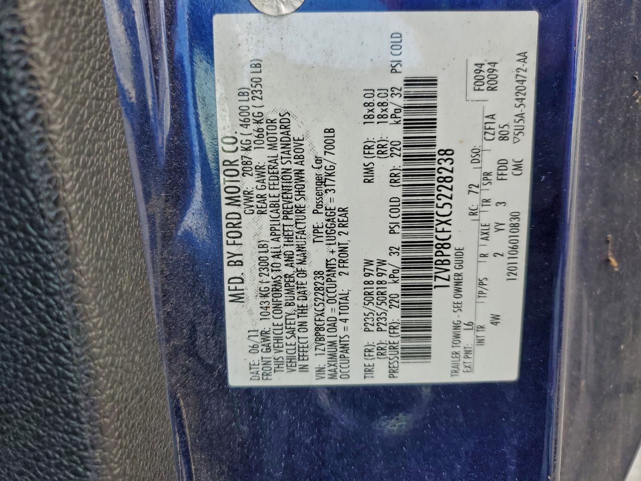 2012 Ford Mustang Gt VIN: 1ZVBP8CFXC5228238 Lot: 94267115