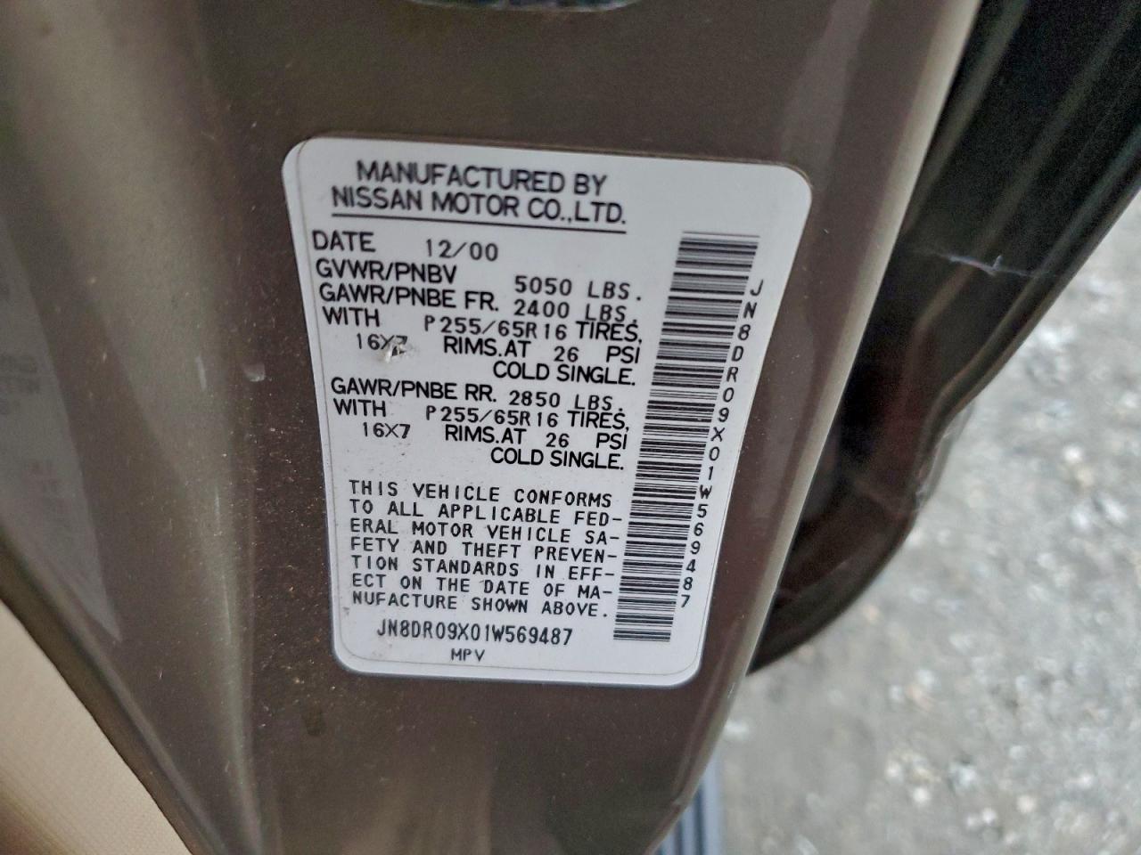 2001 Nissan Pathfinder Le VIN: JN8DR09X01W569487 Lot: 93908215