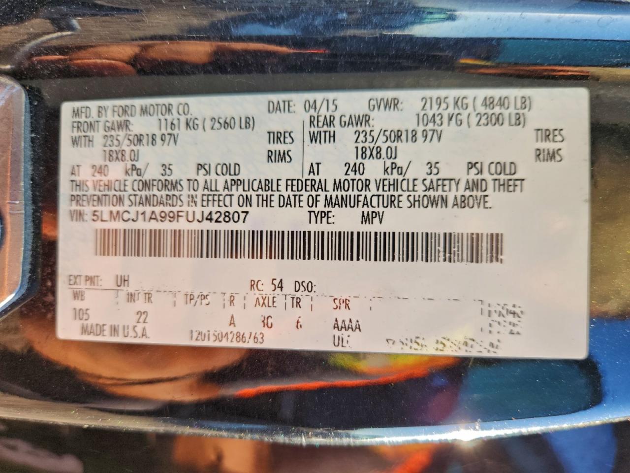 2015 Lincoln Mkc VIN: 5LMCJ1A99FUJ42807 Lot: 93756725