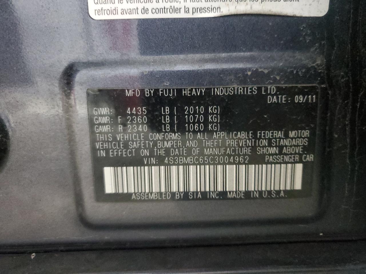 2012 Subaru Legacy 2.5I Premium VIN: 4S3BMBC65C3004962 Lot: 93528555