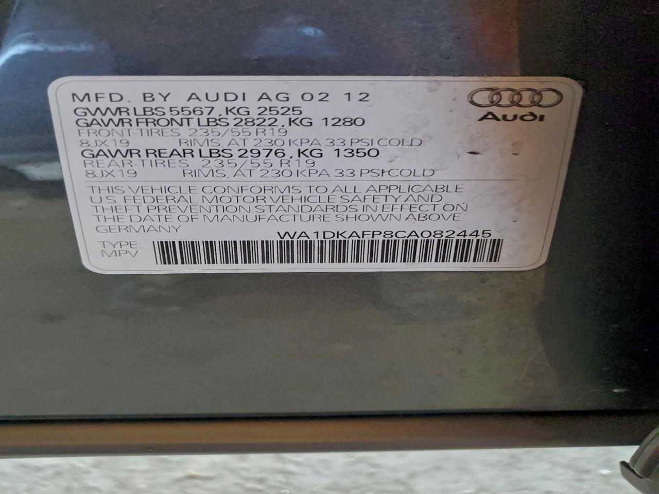 2012 Audi Q5 Premium Plus VIN: WA1DKAFP8CA082445 Lot: 93191945