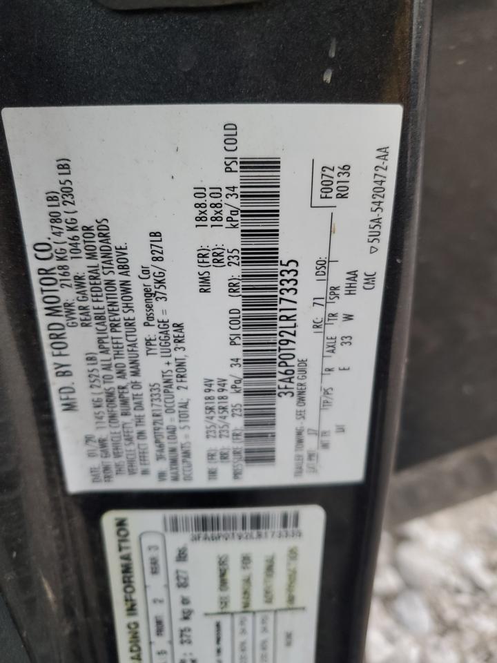 2020 Ford Fusion Se VIN: 3FA6P0T92LR173335 Lot: 91012295