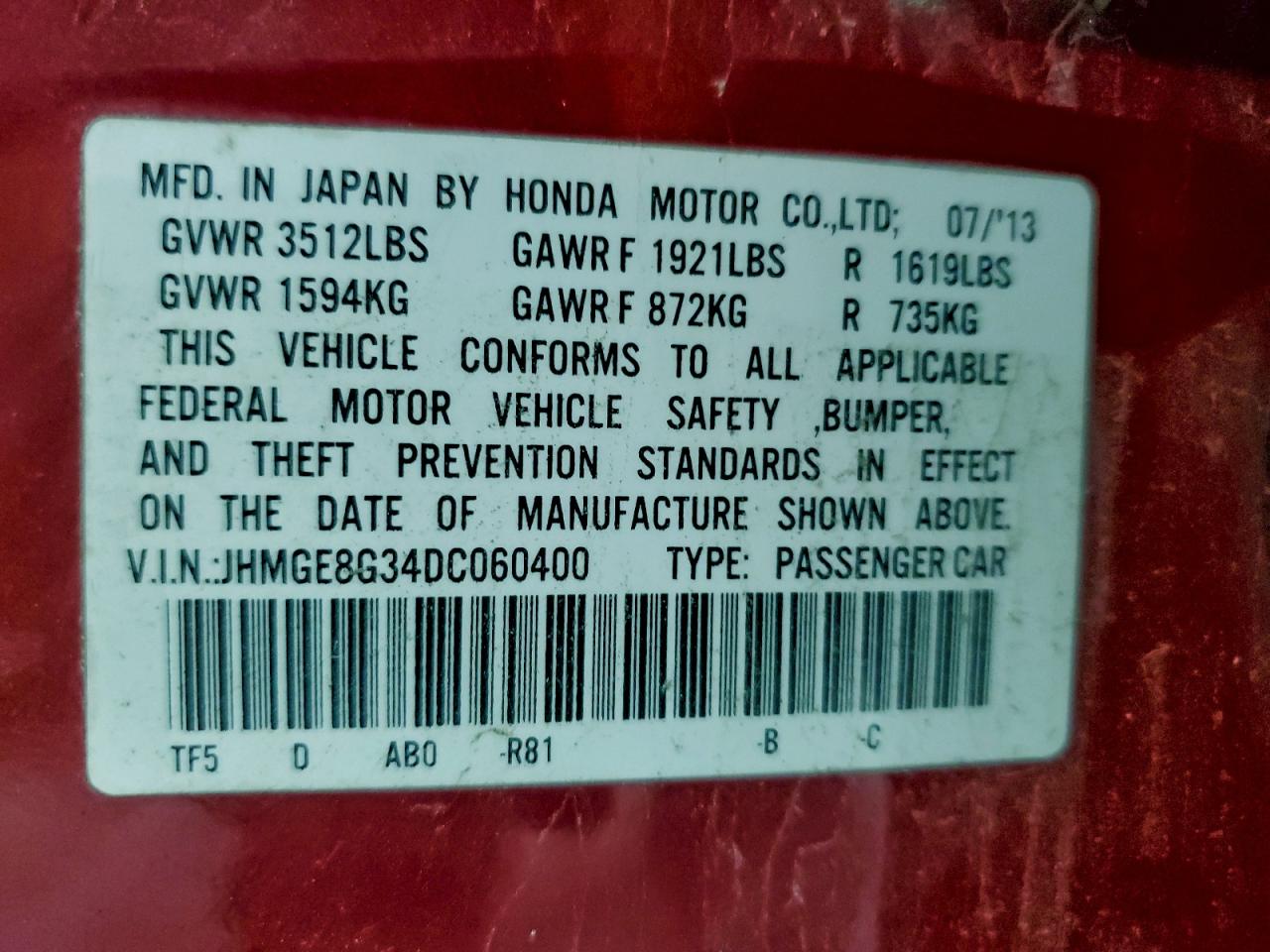 2013 Honda Fit VIN: JHMGE8G34DC060400 Lot: 94920325