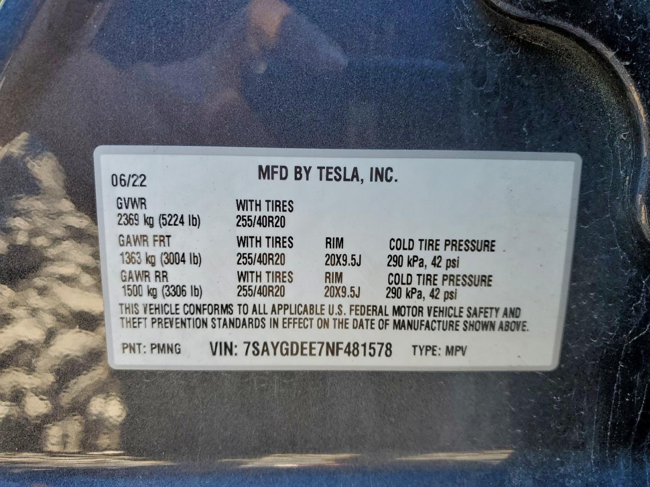 2022 Tesla Model Y VIN: 7SAYGDEE7NF481578 Lot: 93146145