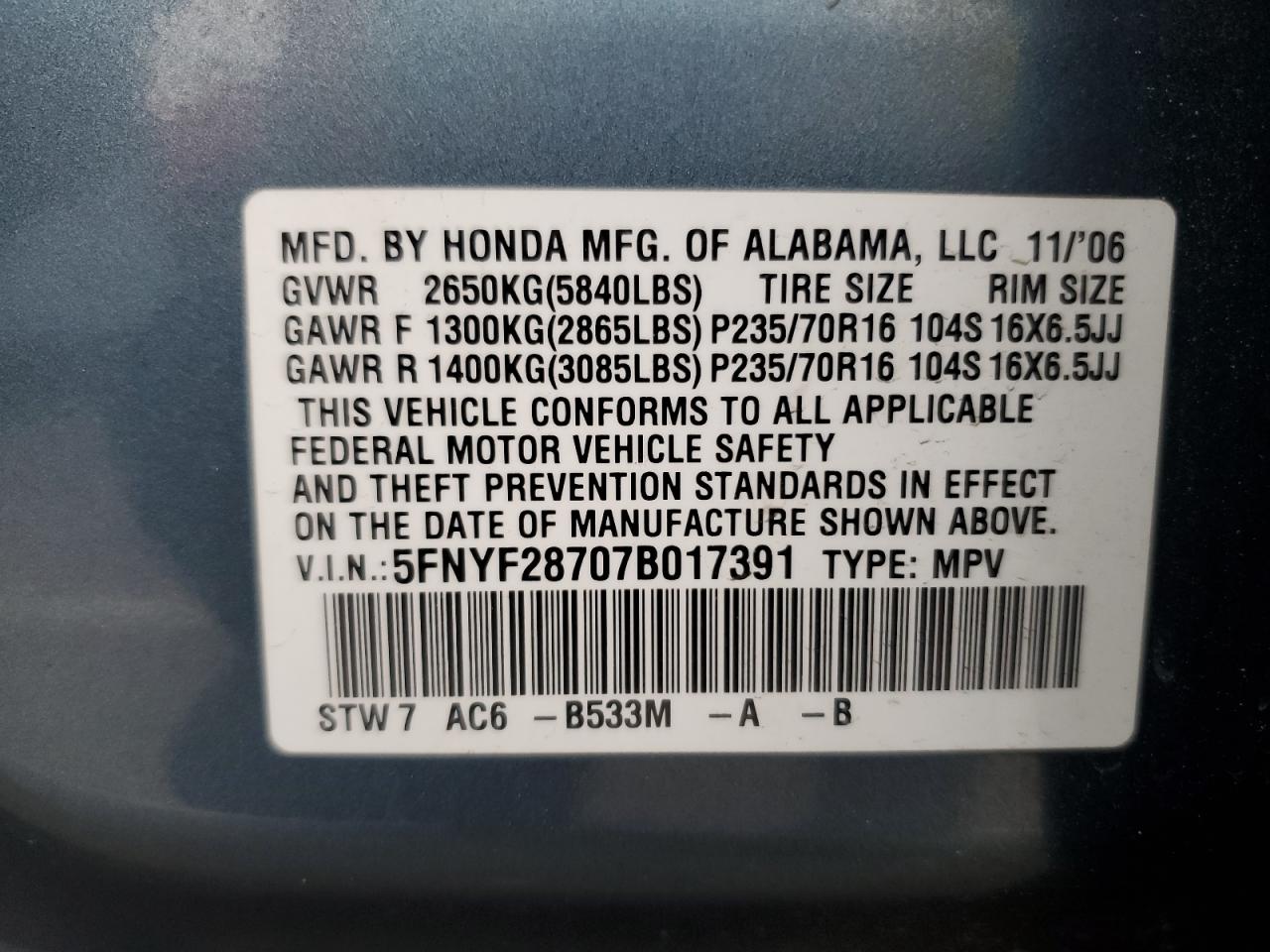 2007 Honda Pilot Exl VIN: 5FNYF28707B017391 Lot: 92828305