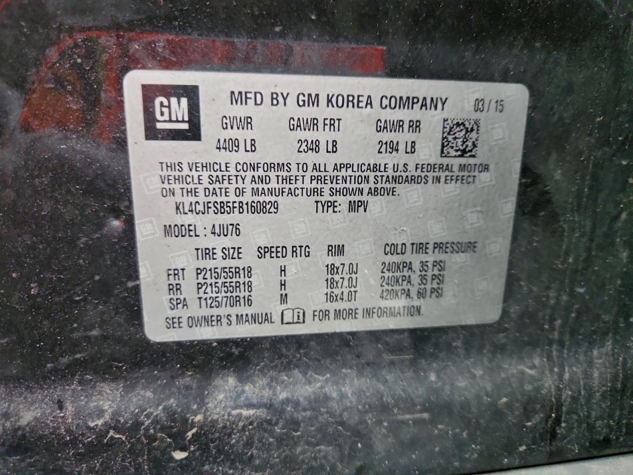 2015 Buick Encore Convenience VIN: KL4CJFSB5FB160829 Lot: 93755865