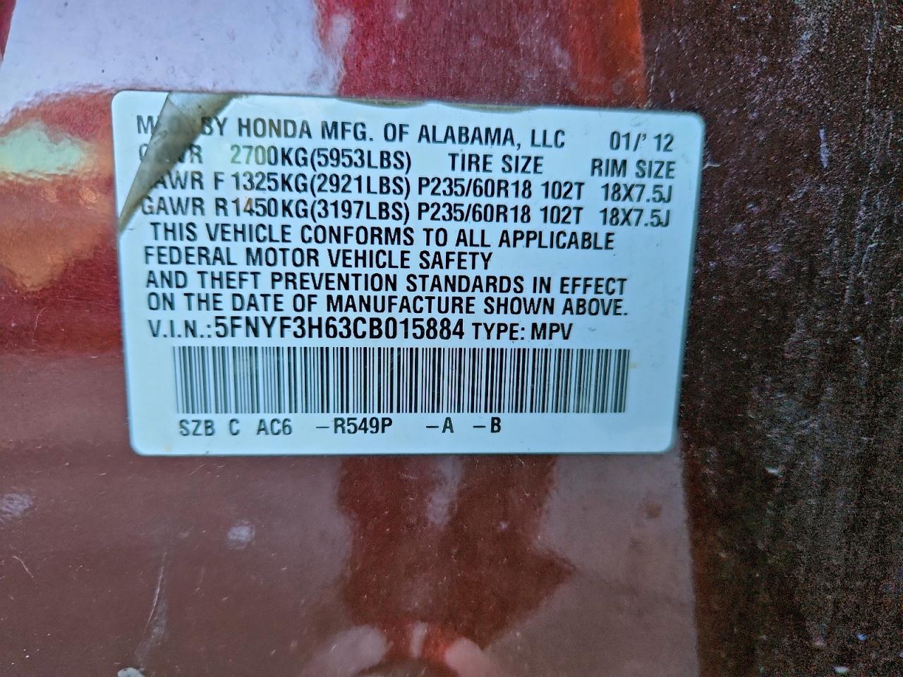 2012 Honda Pilot Exl VIN: 5FNYF3H63CB015884 Lot: 94309285