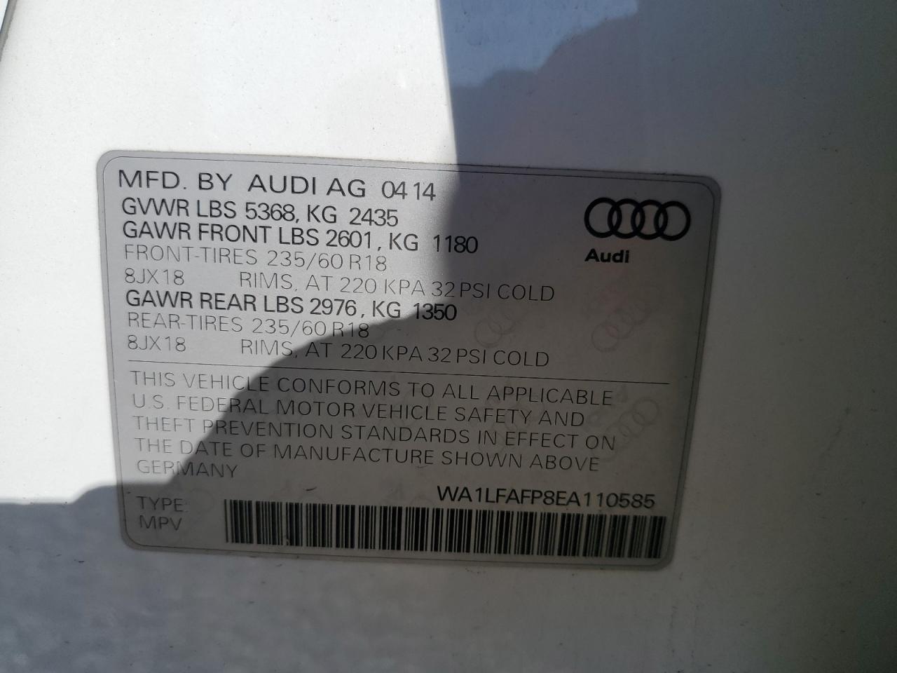 2014 Audi Q5 Premium Plus VIN: WA1LFAFP8EA110585 Lot: 91864305