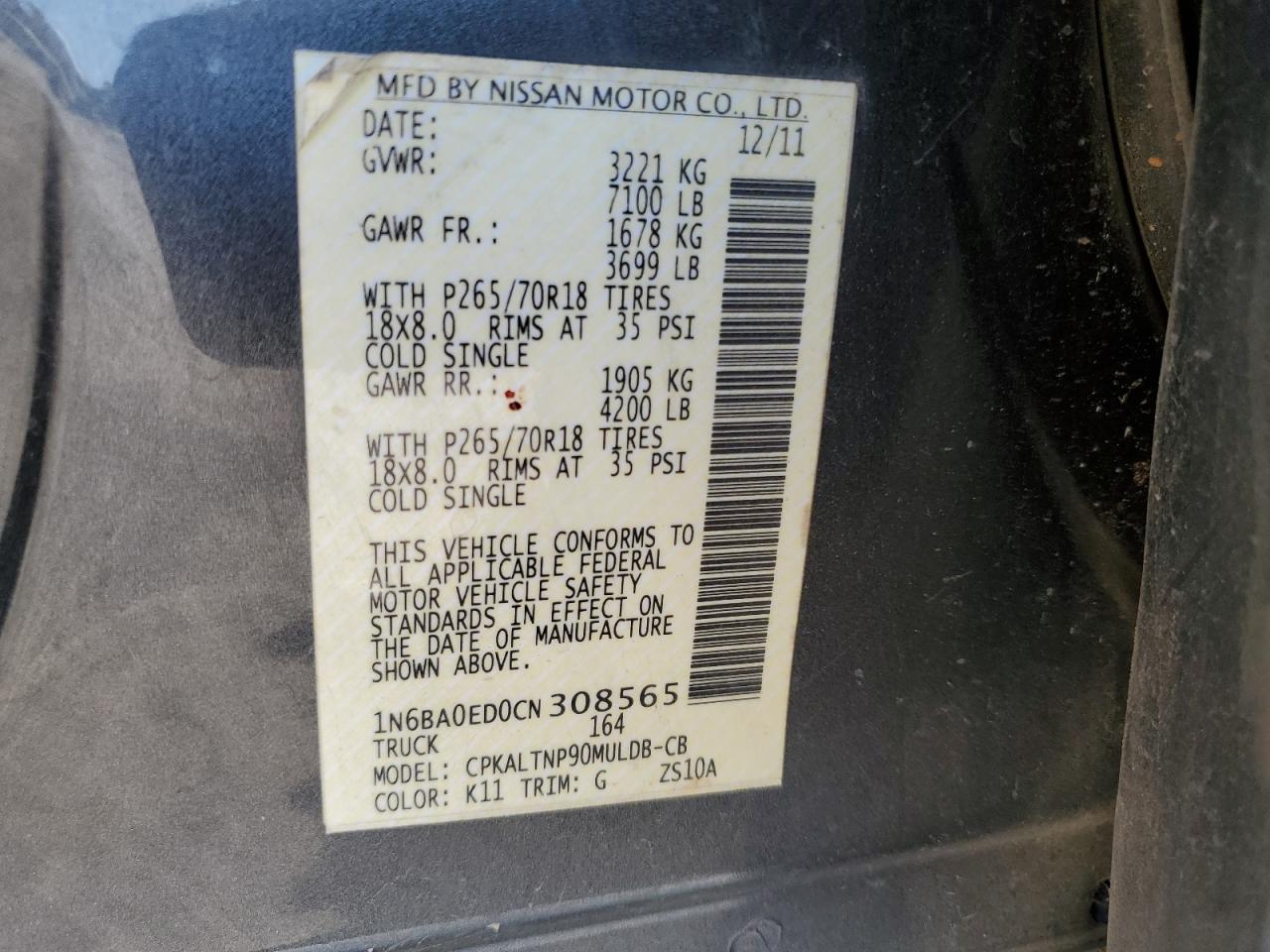 2012 Nissan Titan S VIN: 1N6BA0ED0CN308565 Lot: 93521005