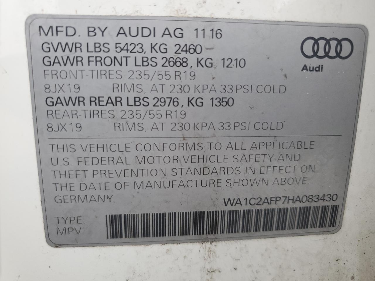 2017 Audi Q5 Premium VIN: WA1C2AFP7HA083430 Lot: 91804105