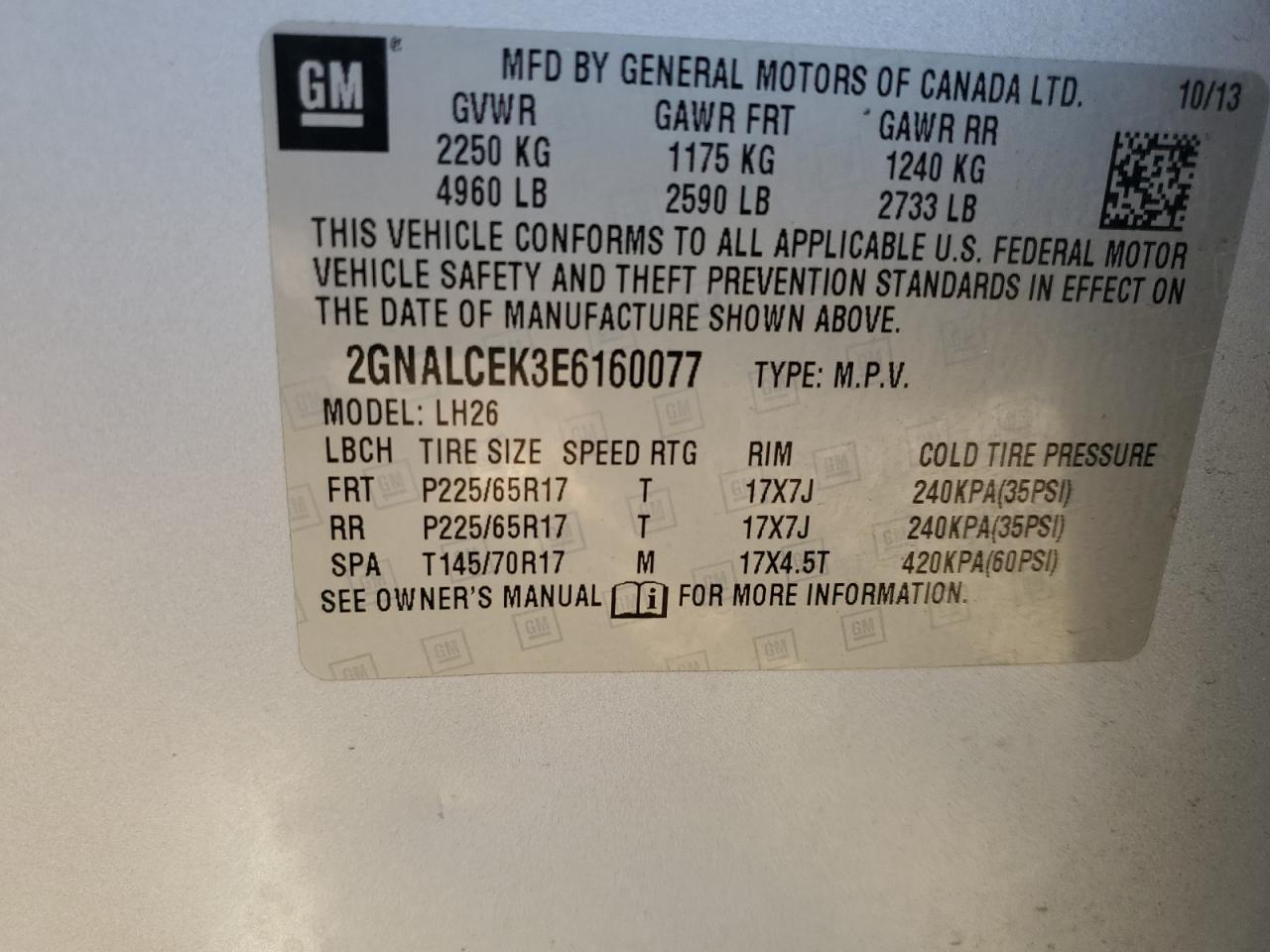 2014 Chevrolet Equinox Lt VIN: 2GNALCEK3E6160077 Lot: 91305395