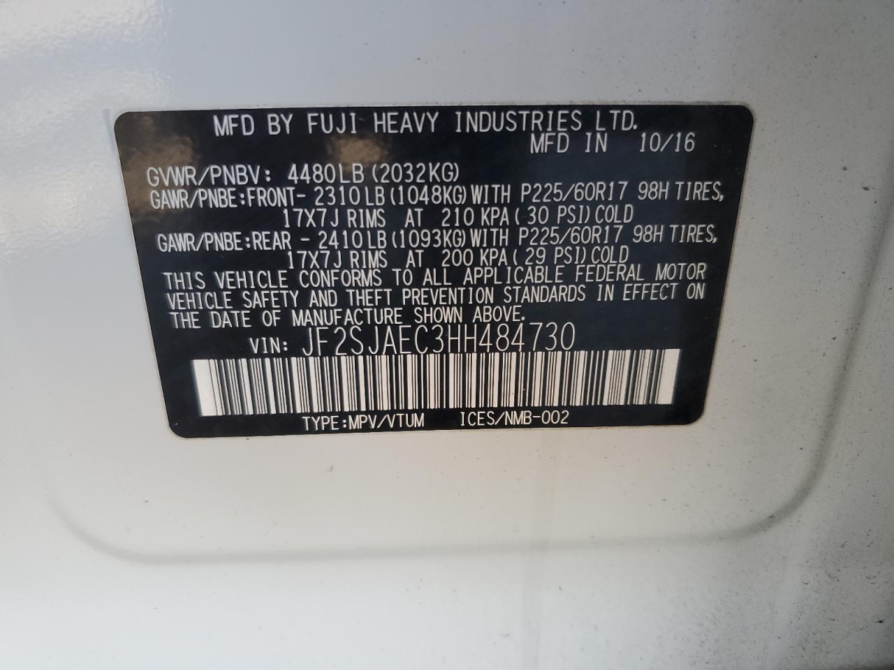 2017 Subaru Forester 2.5I Premium VIN: JF2SJAEC3HH484730 Lot: 91297365