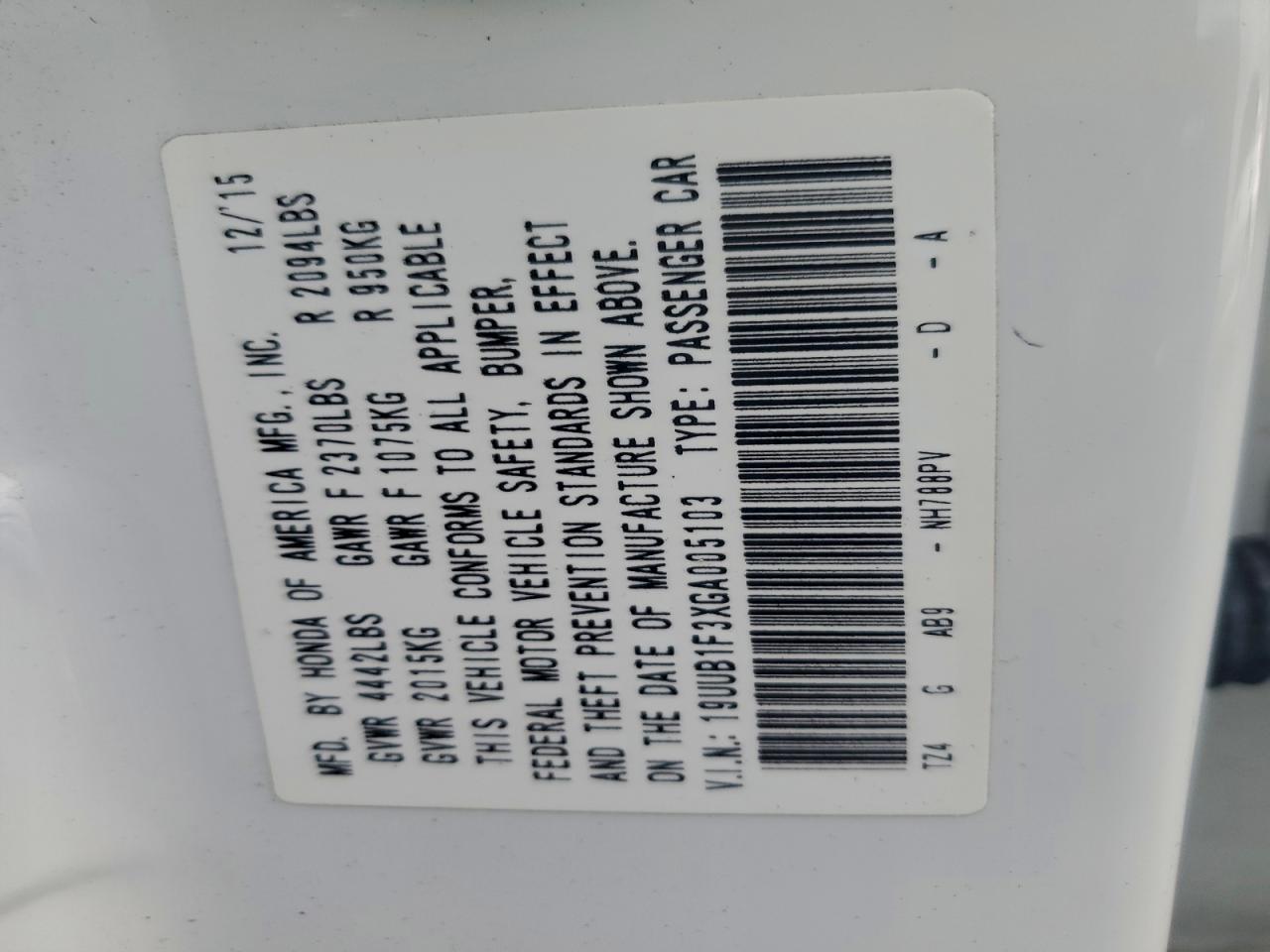 2016 Acura Tlx VIN: 19UUB1F3XGA005103 Lot: 94286155