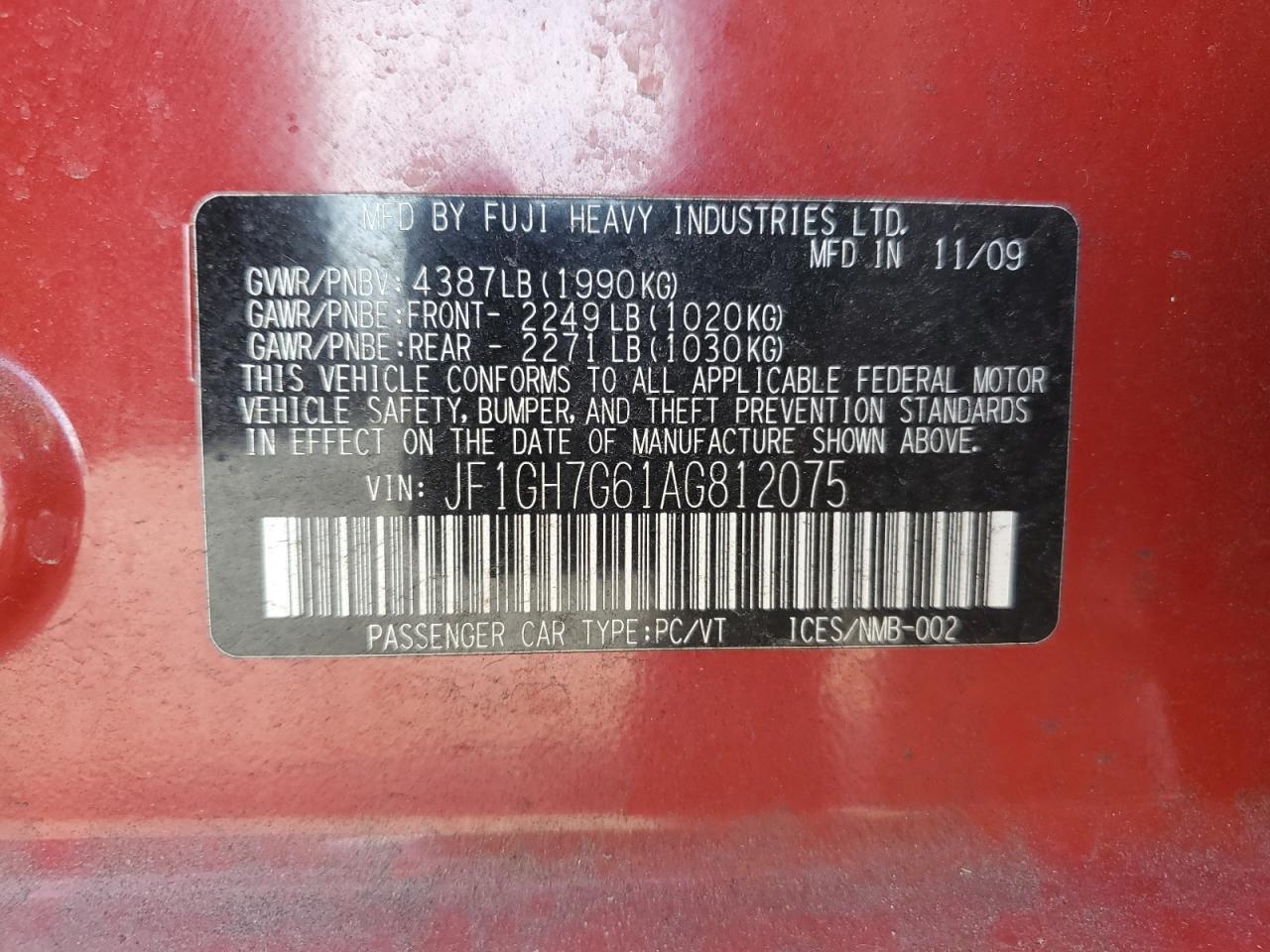 2010 Subaru Impreza Wrx Limited VIN: JF1GH7G61AG812075 Lot: 91991525