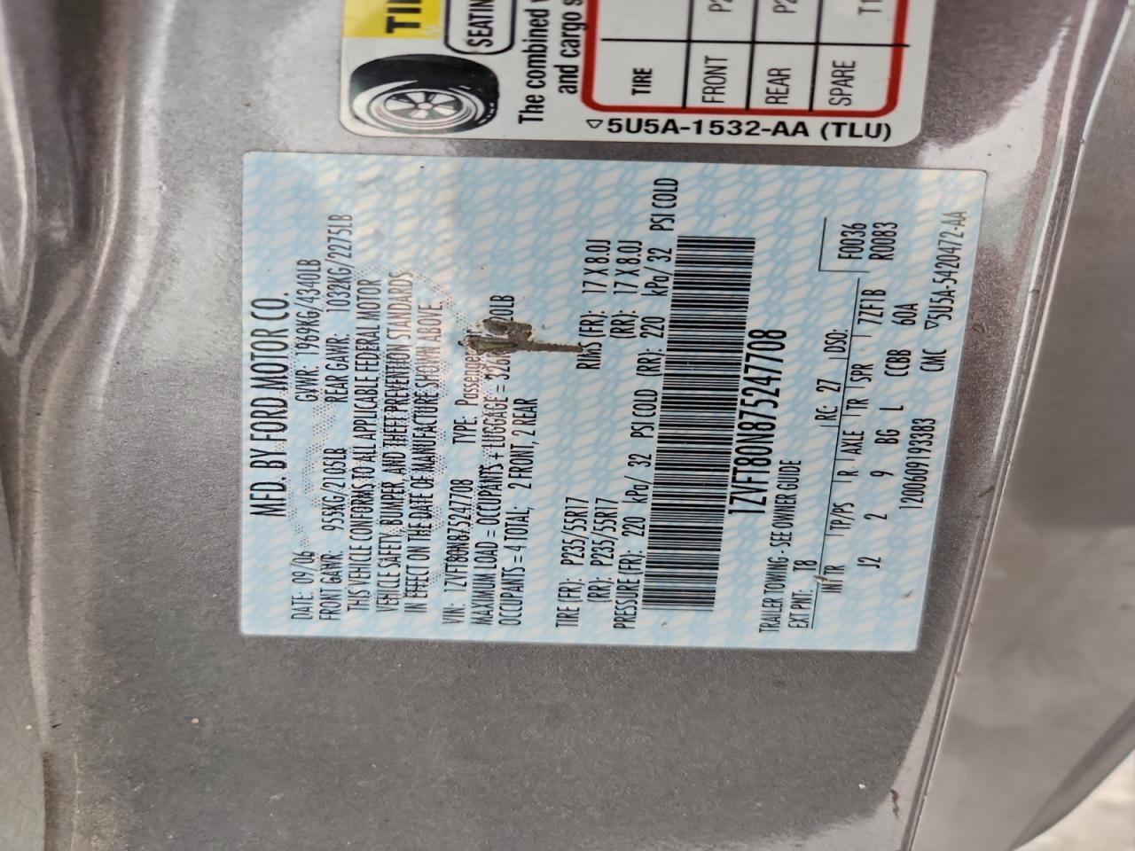 2007 Ford Mustang VIN: 1ZVFT80N875247708 Lot: 93498935