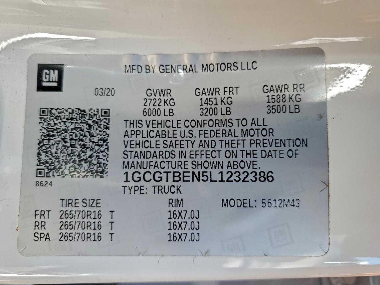 2020 Chevrolet Colorado VIN: 1GCGTBEN5L1232386 Lot: 93782615