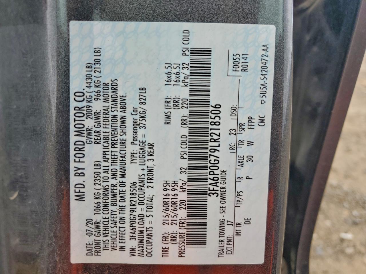 2020 Ford Fusion S VIN: 3FA6P0G79LR218506 Lot: 93905625