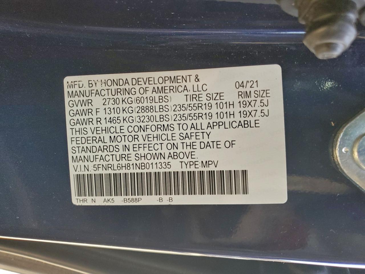 2022 Honda Odyssey Touring VIN: 5FNRL6H81NB011335 Lot: 93658525