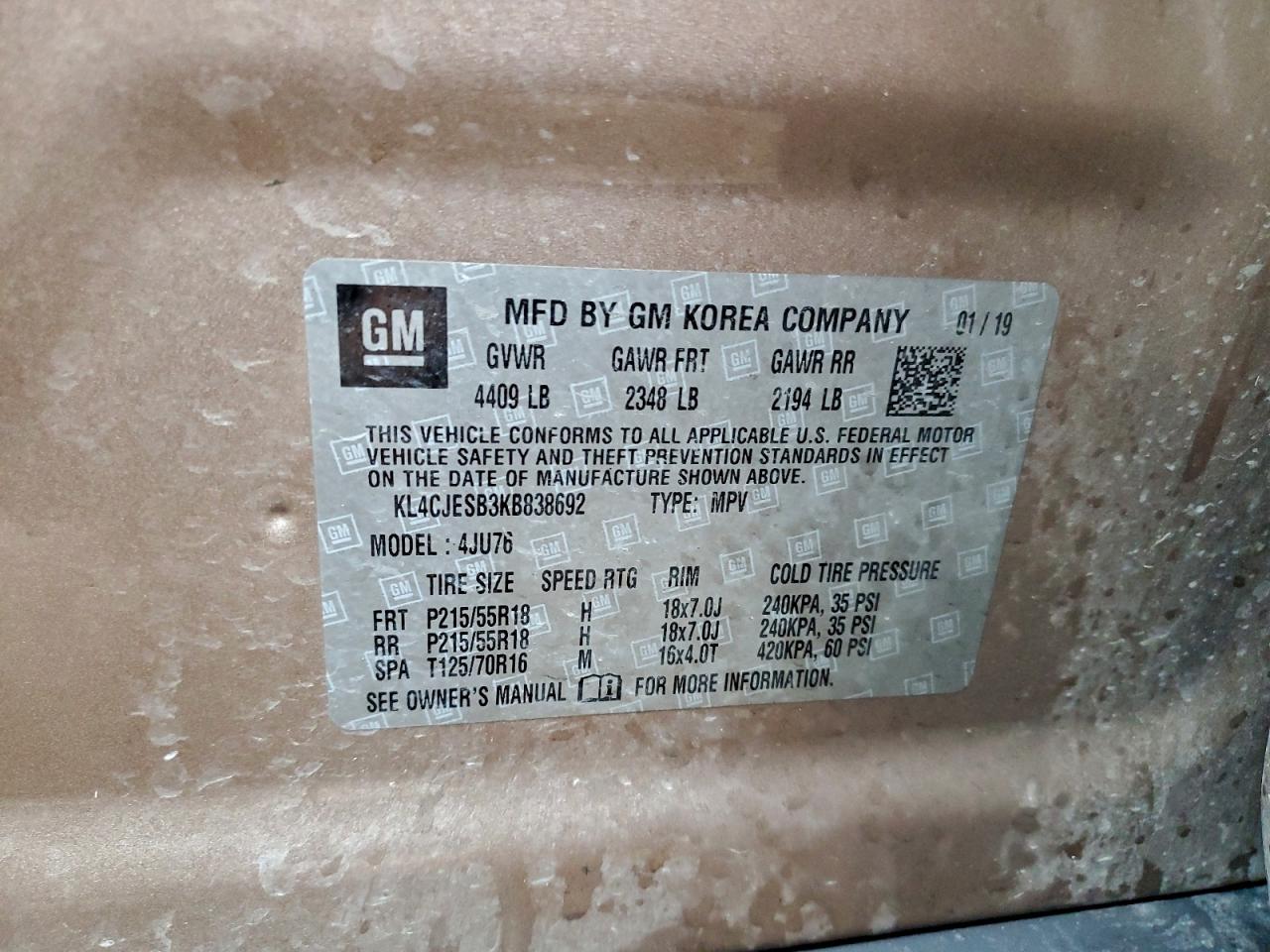 2019 Buick Encore Preferred VIN: KL4CJESB3KB838692 Lot: 93984835