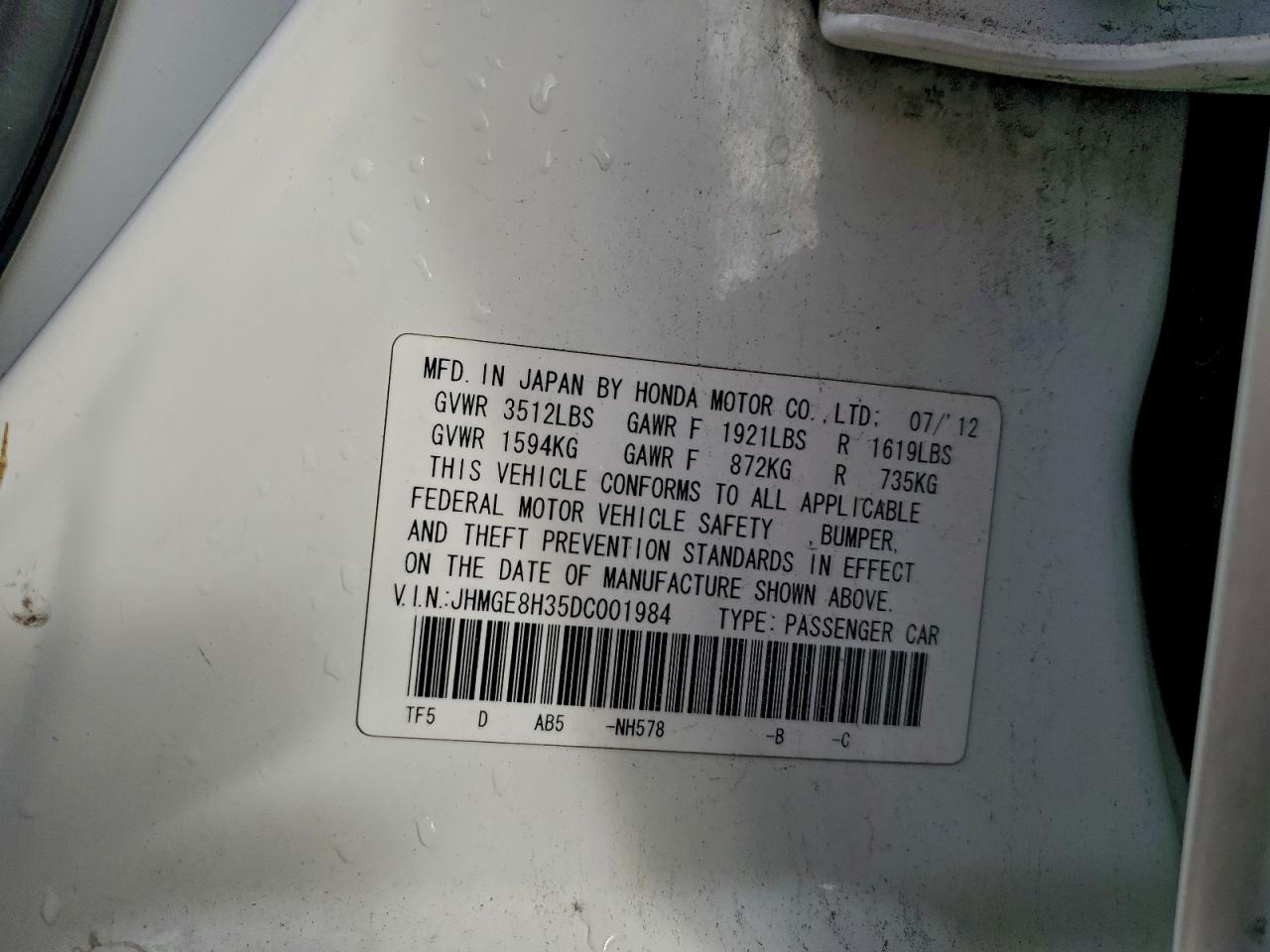 2013 Honda Fit VIN: JHMGE8H35DC001984 Lot: 94135675