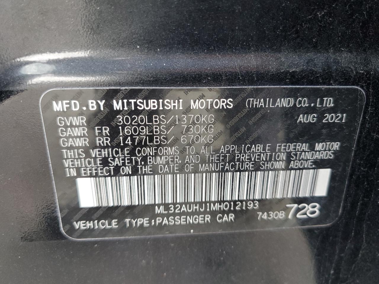 2021 Mitsubishi Mirage Es VIN: ML32AUHJ1MH012193 Lot: 92031385