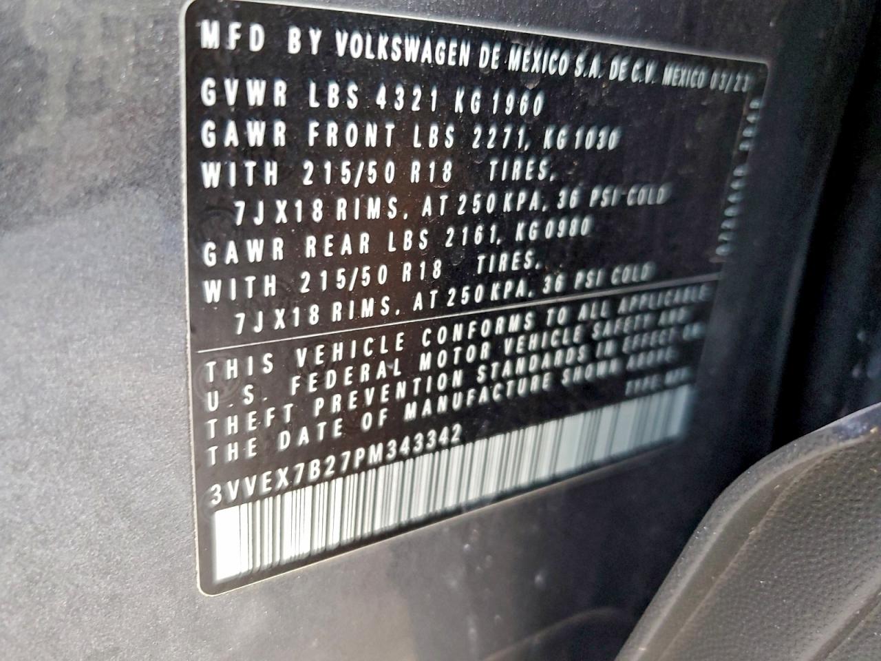 2023 Volkswagen Taos Se VIN: 3VVEX7B27PM343342 Lot: 94403265