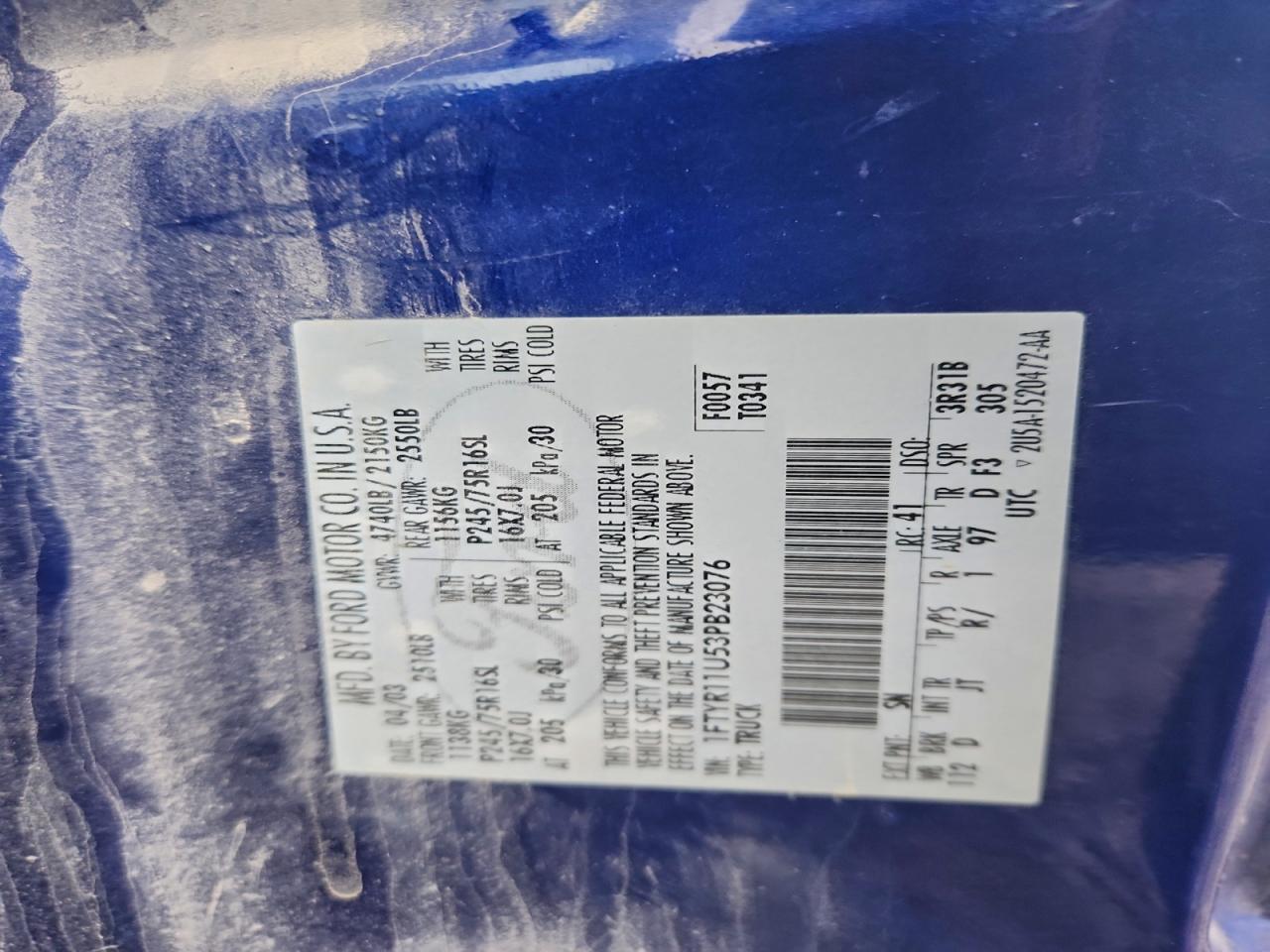 2003 Ford Ranger VIN: 1FTYR11U53PB23076 Lot: 91246485