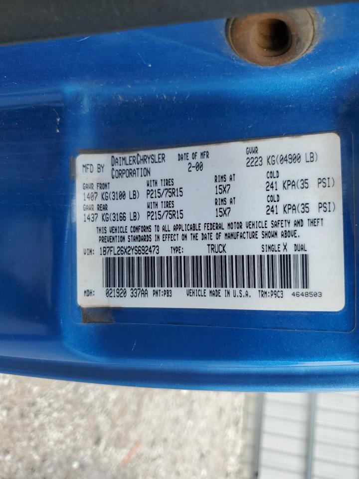 2000 Dodge Dakota VIN: 1B7FL26X2YS692473 Lot: 91257395