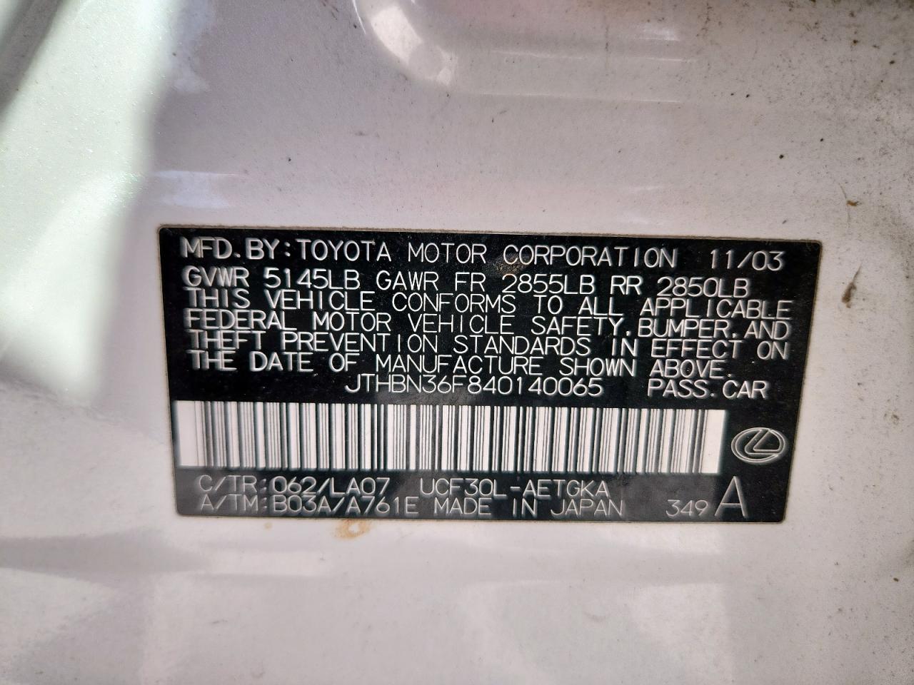 2004 Lexus Ls 430 VIN: JTHBN36F840140065 Lot: 93081215